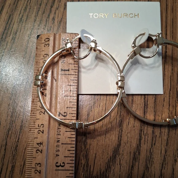 Tory Burch Gold Hoop Earrings With Logo Accents NWT - Picture 9 of 10
